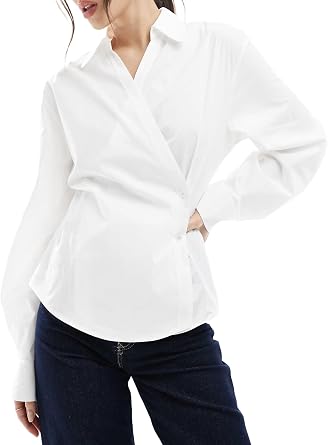 Womens Wrap Front Button Down Shirt, Long Sleeve Blouse with Cocoon Sleeves, Modern Office & Casual Tops