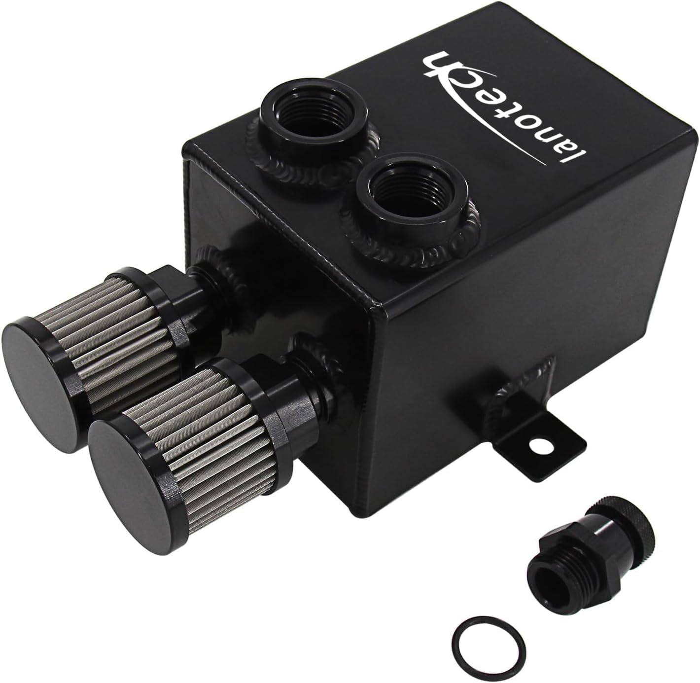 2L 12AN Baffled Oil Catch Can Kit with Dual Stainless Steel Filter-2 Ports | Dual 70mm stainless steel filters; internal baffle system; 12AN fittings; bottom drain tap; TIG welded aluminum construction