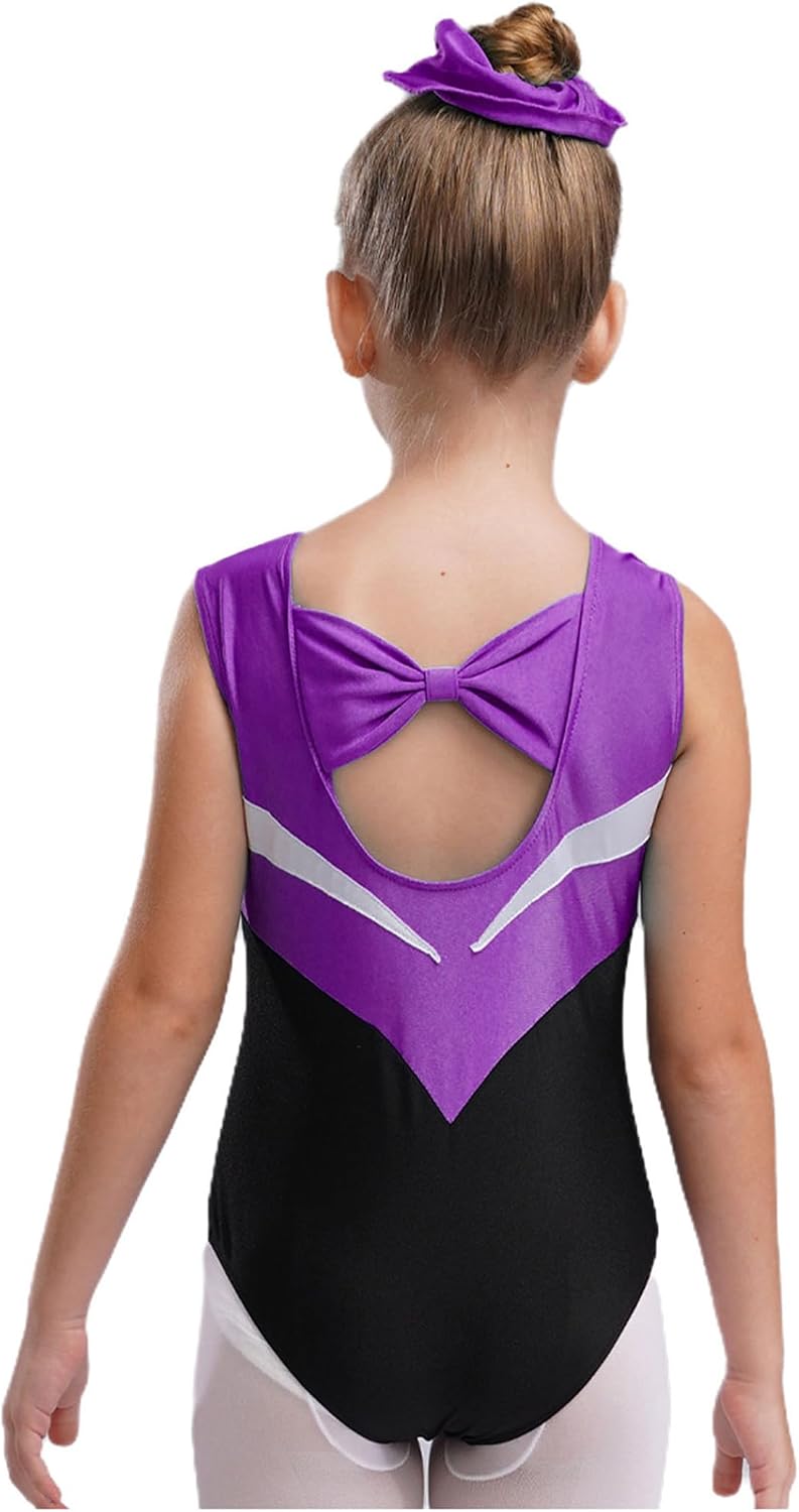 JEYPINMI Girls 4Pcs Gymnastics Leotard Rhinestone Bowknot Cutout Back Shorts Leggings