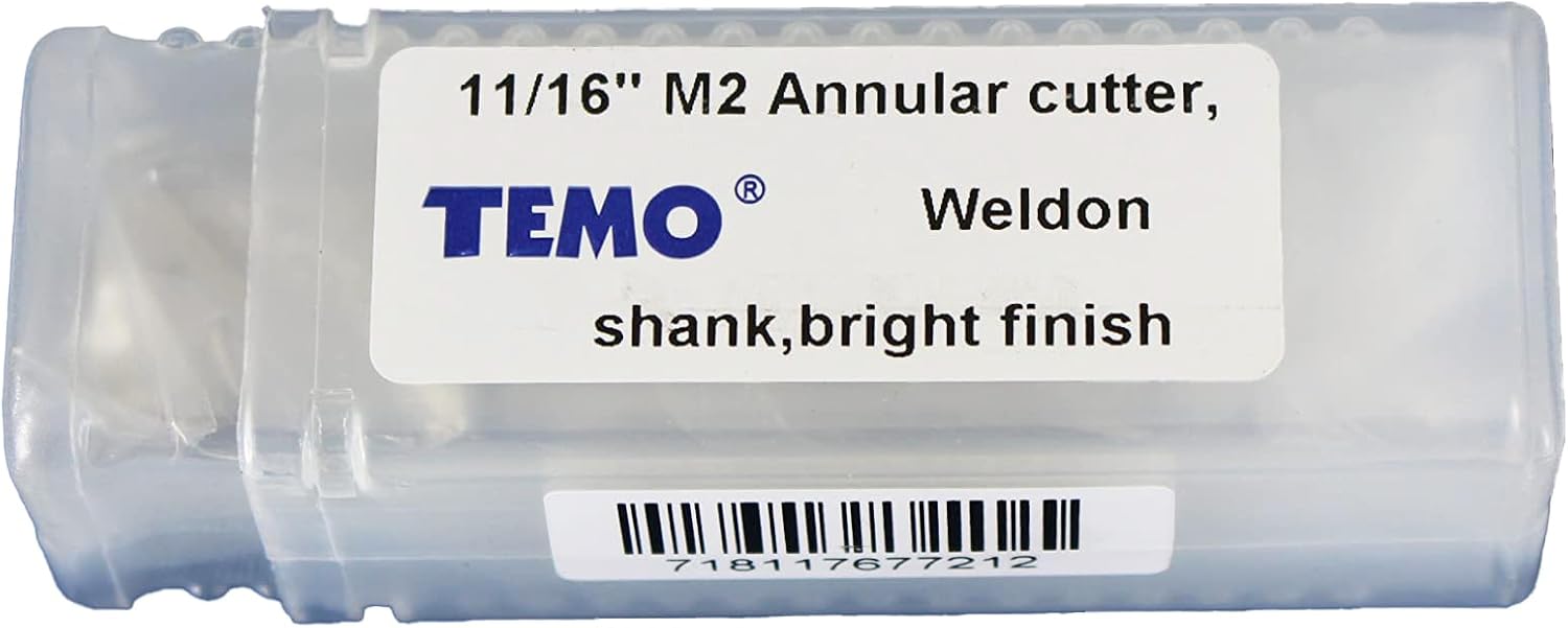 TEMO M2 Annular Cutter with Weldon Shank, Bright Finish, 11/16 Inch Cutting Diameter x 1 Inch Depth of Cut for Standard Drill Press, Drill Bit Cutter