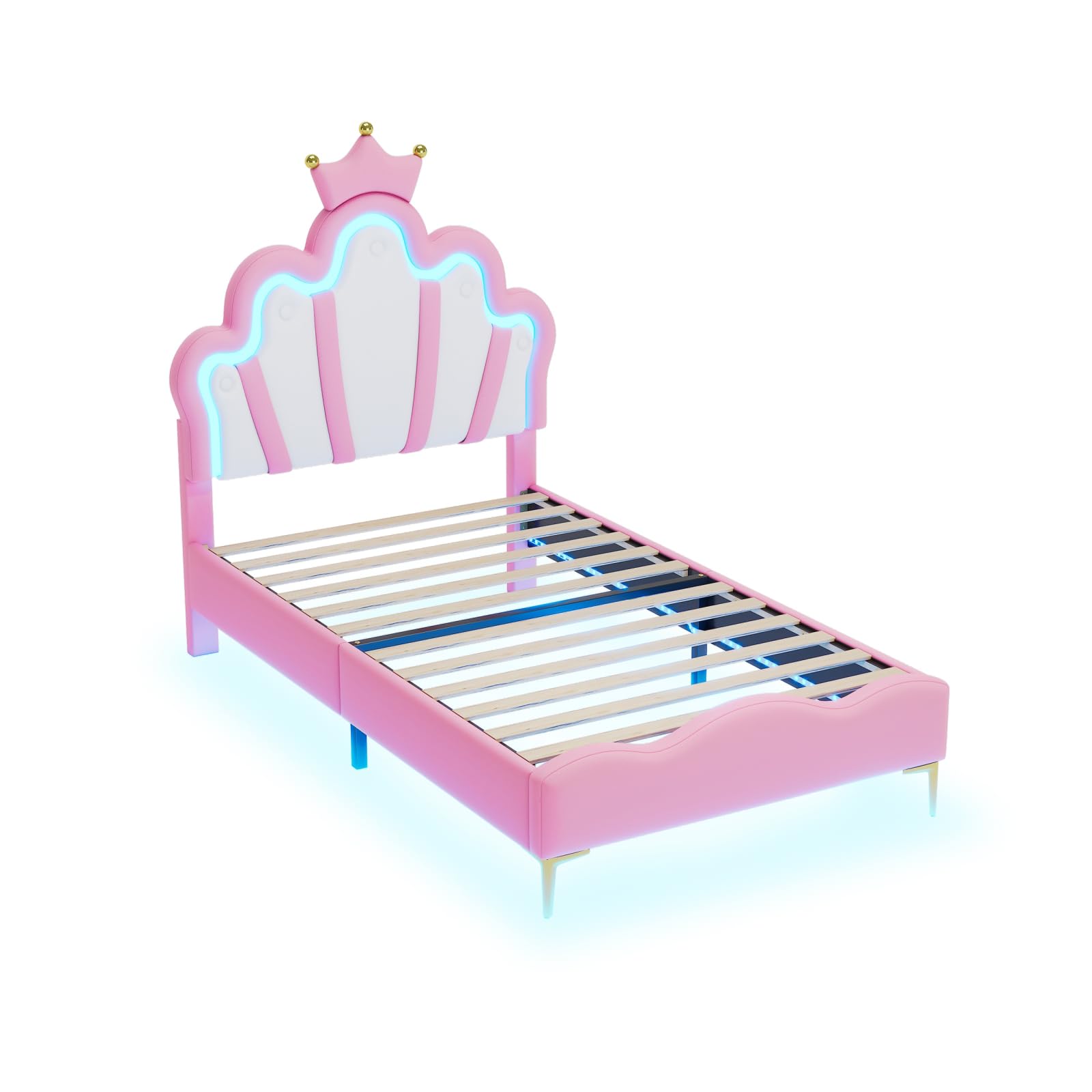 Lit Enfant Rembourré 90x200 cm pour Fille, Lit Princesse à Tête de Lit en Forme de Couronne, avec Bandeau LED Lumineux Réglable, PU Rose (sans Matelas)