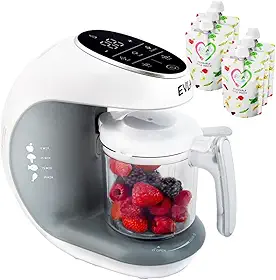 EVLA'S Máquina de comida de bebê, comida caseira saudável em minutos, vaporizador, liquidificador, processador de alimentos para bebês, controle de tela sensível ao toque, inclui 6 bolsas de alimentos