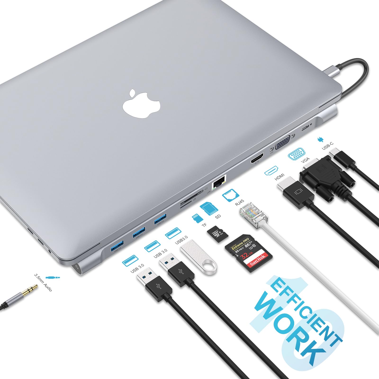 Adattatore docking station USB C, 10 in 1, docking station USB C, triplo display con HDMI 4K, VGA, 3 USB 3.0, PD 100 W, Ethernet, lettore SD/TF, audio/microfono per laptop di tipo C