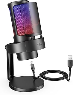 Fifine Streaming Gaming USB PC Microphone, RGB Computer Desktop Mic for Recording, Condenser Cardioid Black Mic with Tap-to-Mute, Gain Knob, Monitoring Jack, Light Control for Gamer Youtuber-A8