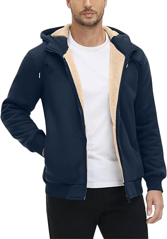 Zip Up Thermal Sherpa Fleece Lined Hoodies for Men Winter Warm Long Sleeve Hooded Sweatshirt Jacket Coat with Pockets
