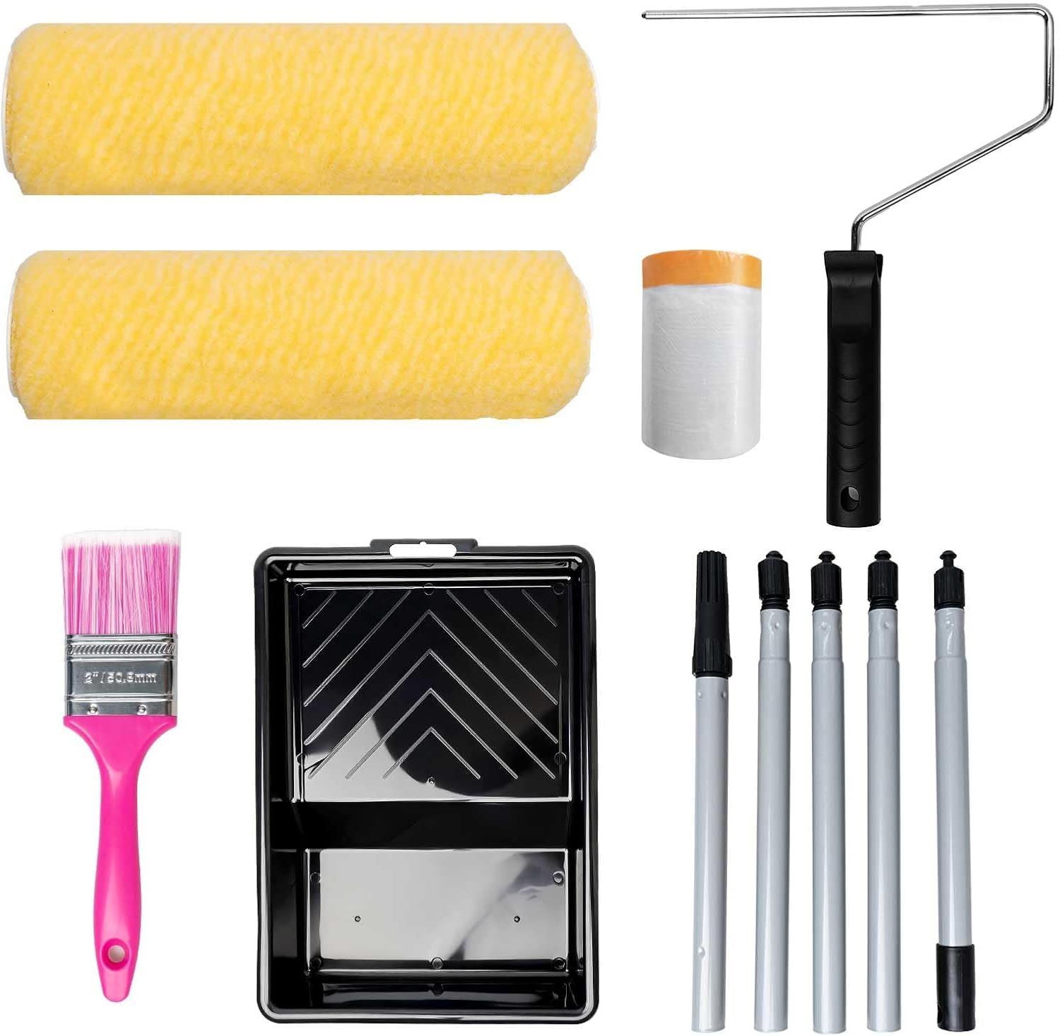 Paint Roller Kit with Extension Pole - 6 Pieces Set with 9" Paint Roller, 2" Paint Brush, 51" Adjustable Extension Pole, 11" Sturdy Paint Tray - Complete Painting Tool Set