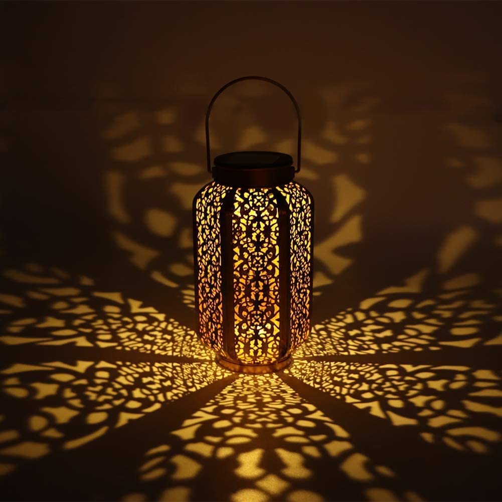 AUTOYSUR Solar Light, Outdoor Solar Lantern, Decorative Metal Chandelier Night Light, LED Hanging Lanterns Solar Powered with Handle, Pattern Projection Lamp for Garden Yard Lawn Decor(C)