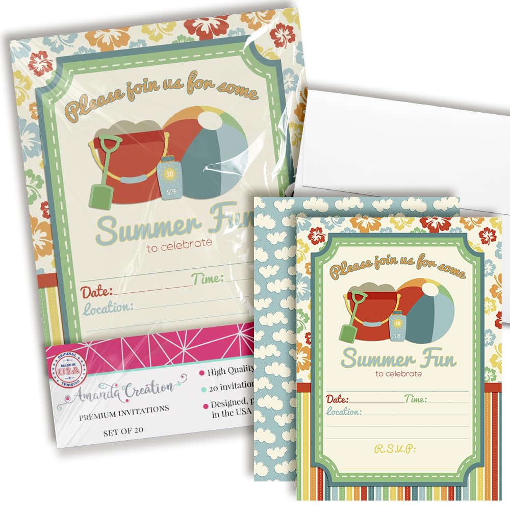 Beach Summer Fun Birthday Party Fill in Invitations set of 20 with envelopes by AmandaCreation