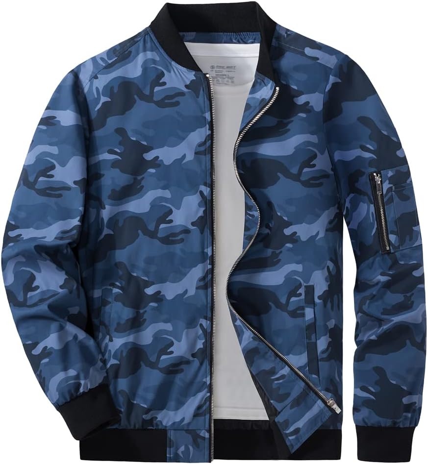 KEFITEVD Men Casual Lightweight Jacket Summer Thin Baseball Jackets with Multi Pockets,Sea blue Camo,XL