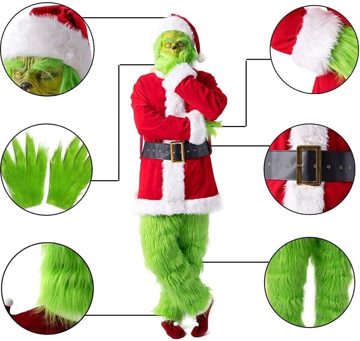 Flovey Grinch Cosplay Kostüm Grüne Maske Weihnachtsmütze Socke Komplettset Outfits Weihnachten Prop Red,XXXL