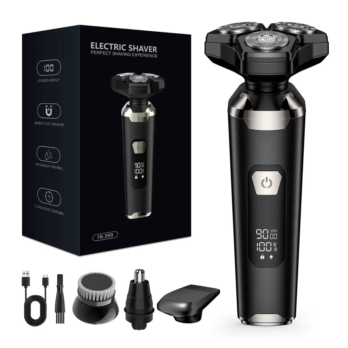 4-in-1 Electric Razor for Men, Magnetic Floating Heads, LED Display, IPX7 Waterproof, Travel Lock &amp; Nose Trimmer - Complete Grooming Kit Gift Set