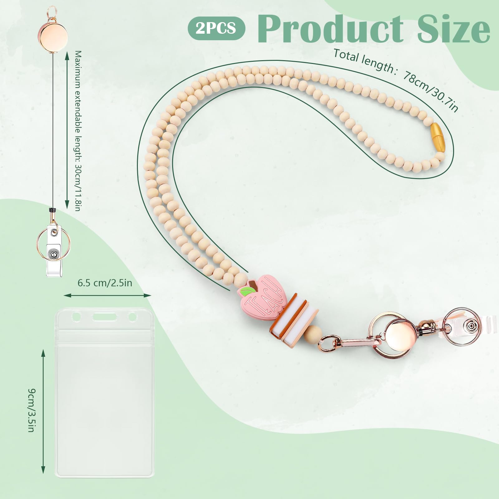 2PCS Teacher Lanyard Retractable with ID Hold, Fashion Wood Beaded Lanyard,Cute Tteacher Lanyards for Id Badges and Keys (Multicolor Flower and Apple) - Image 2