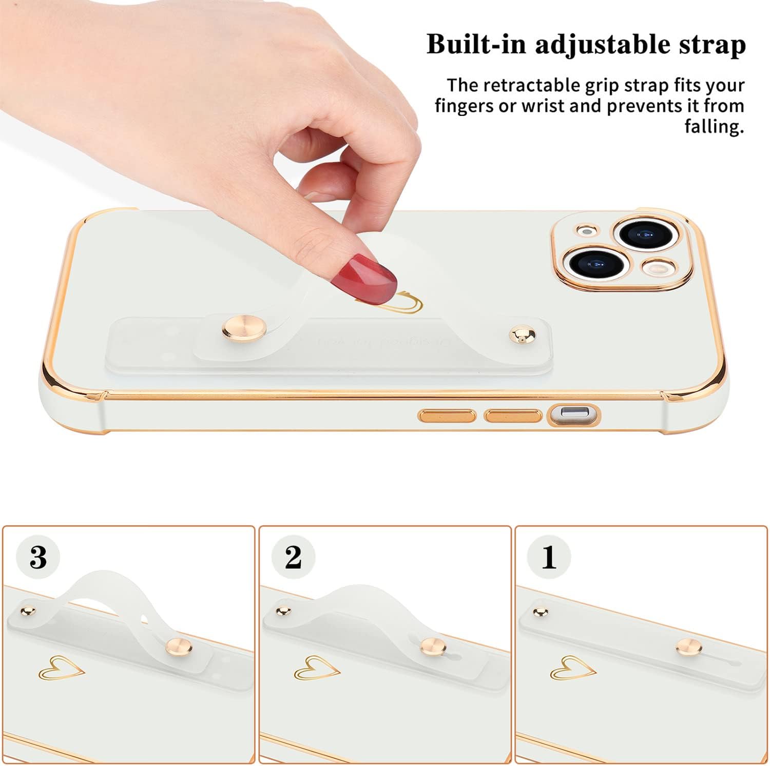 for iPhone 14 Plus Case for Women Girls, Bling Luxury Plated Bumper with Cute Love-Heart Design, Adjustable Hand Strap Stand, Raised Edges Shockproof Protection for iPhone 14 Plus - White - Image 3