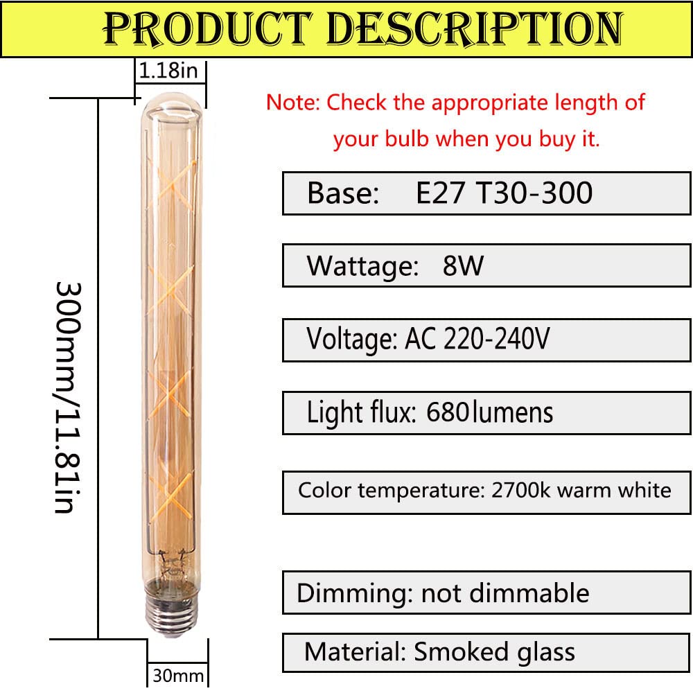 OUKAIDE E27 T30-300 8W Lampadina a LED tubolare Edison Lampadina vintage Lampadina a filamento E27 Led, stile antico Lampada a vite in vetro ambra retrò 680LM Bianco caldo 2700k (confezione da 2)