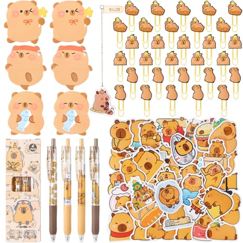 libfrnt 91Pcs Capybara Stationery Set Cute Capybara School Supplies Stationary Gift Set with 4 Gel Pens 1 Titanium Steel Bookmark 6 Sticky Notes 50 PVC Stickers 30 Push Pins for Girls Kids Teens