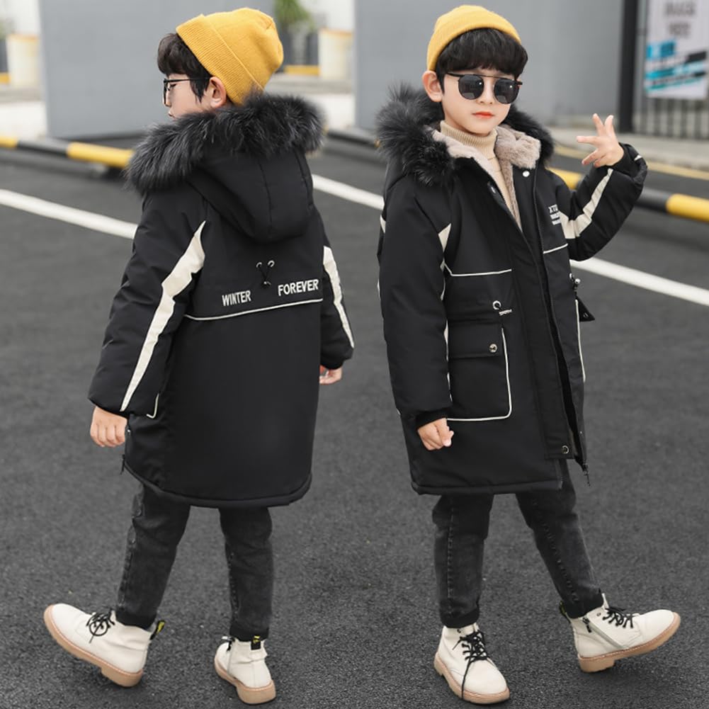 Veste Garcon Chaud Coupe-vent Manteau Enfant Epais Polaire Blouson Long Décontracté Hiver Vêtement avec Capuche à Col de Fourrure