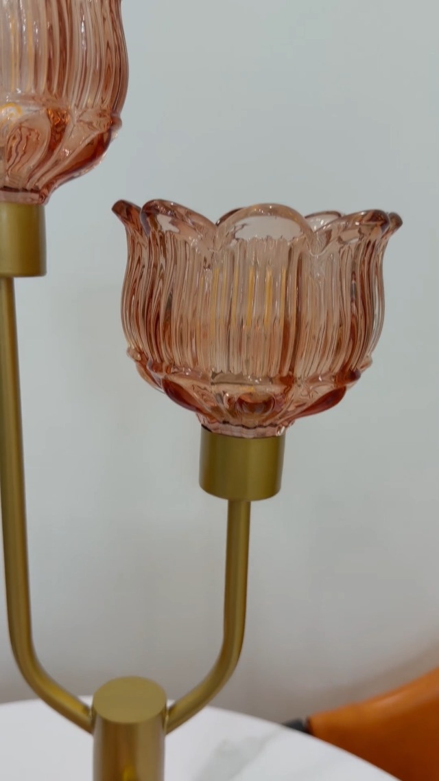Image of Lightdot Mid Century Modern Table Lamp Vintage Flower Lamp Gift Dimmable | Pink Glass Nightstand Lamp Gold Desk Lamp 2 Bulbs Included Warmwhite Ambient Bedside Lamps for Bedroom Living Room Home Decor