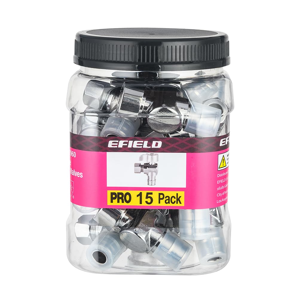 Paquete de 15 válvulas de ángulo de parada EFIELD Pex-A de 1/4 de vuelta, compresión de 3/8 pulgadas de diámetro exterior x expansión Pex-A de 1/2 pulgada, latón LF chapado en cromo, resistente