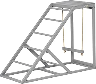 PawHut Perchoir en Bois pour Poule, Aire de Jeux en Bois pour Poules avec balançoire, échelle, Plateforme, Zone Naturelle pour Les Poules, 96 x 40 x 71 cm, Gris