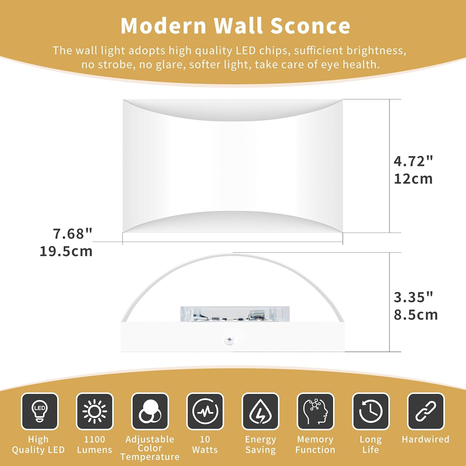 White Modern LED Wall Sconce, 3 Colors Hardwired Wall Sconces Set of 2 image 2