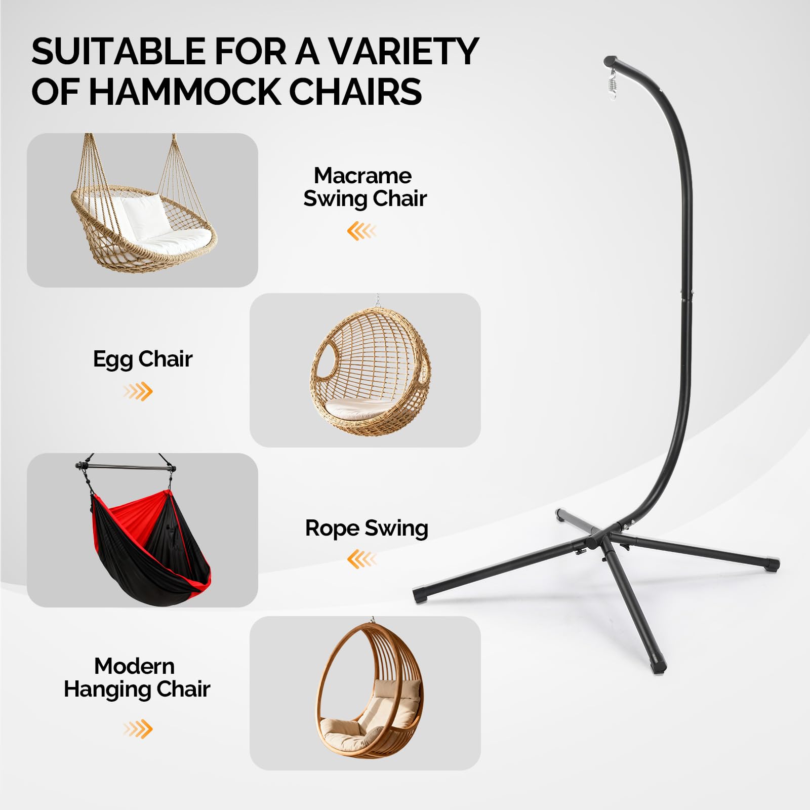 Support de Hamac - Charge Maximale 180 KG, Support de Chaise Suspendue en Forme de C, 125 x 104 x 195 CM Crochet à Ressort, pour Jardin/Balcon/Maison