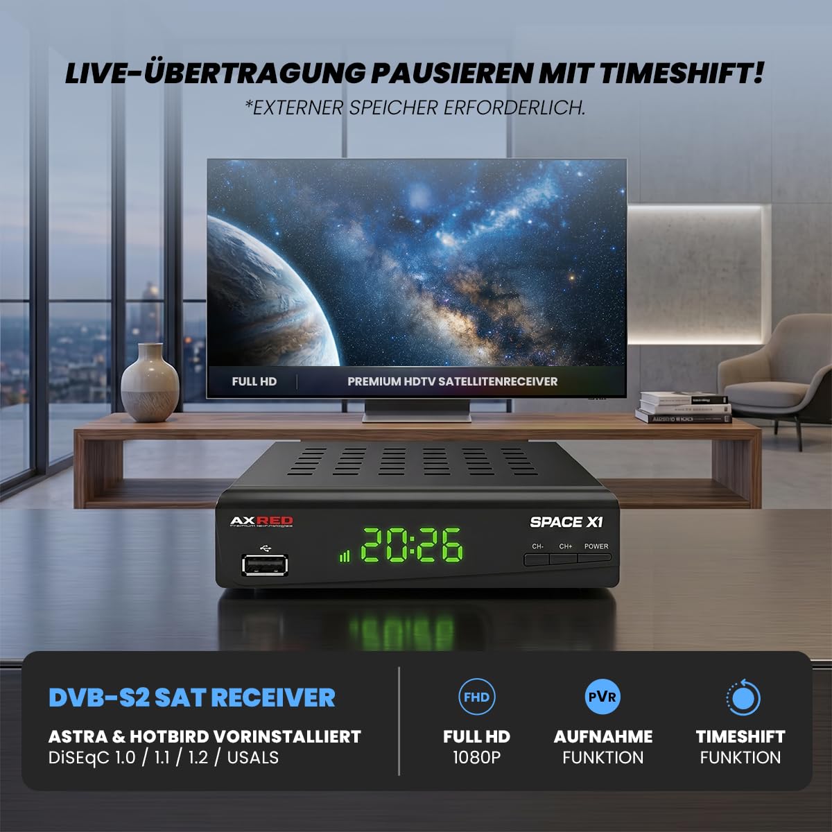 [ Test SEHR GUT, Note 1.0 *] AXRED Space X1 HDTV Sat Receiver mit Aufnahmefunktion, HD fähig, Full HD, Digital Sat-Receiver für Satellitenschüssel Satelliten Satellit TV Fernseher, HD-Receiver, HDMI