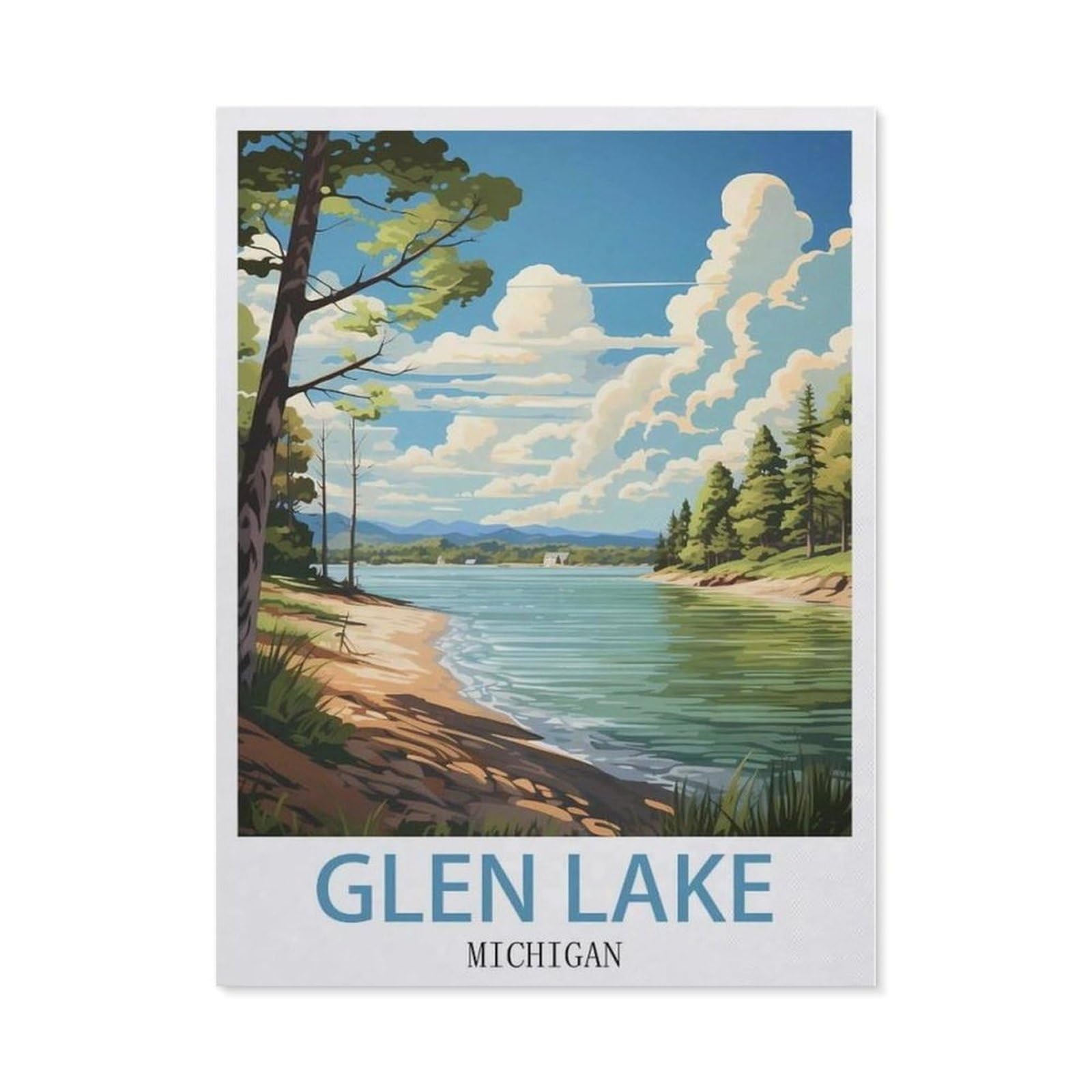 Beayodkp （50 X 60 Cm/19.68 X 23.62 Inches） Glen Lake Michigan Vintage Travel Posters，Diamond Art Kits For Adults And Kids, Full Drill Round Rhinestone Paint With Diamonds-Ch29