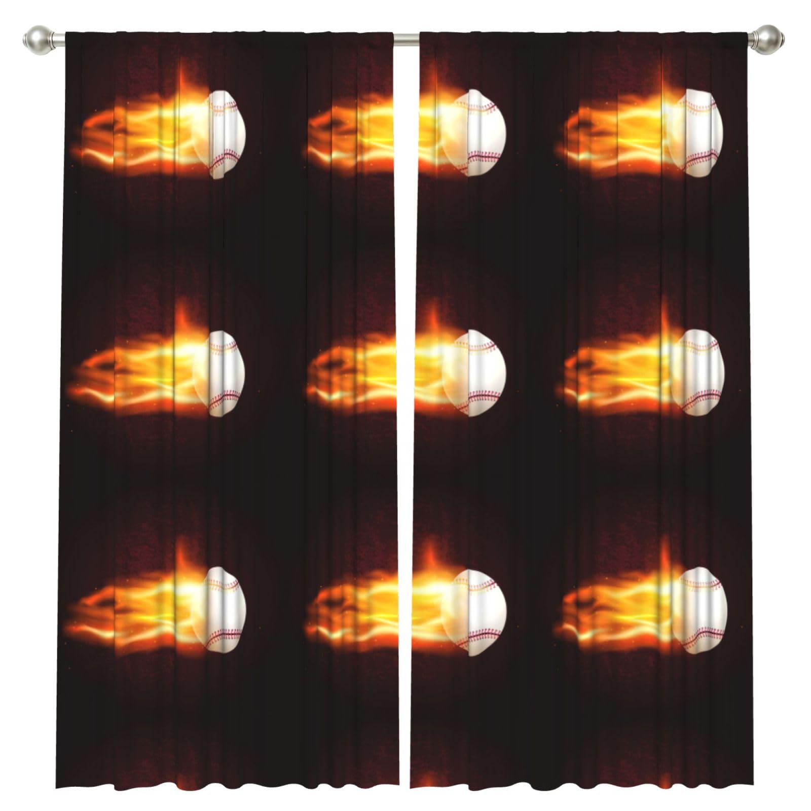 InOmak Burning Baseball Fire Flame Pattern, 2 Panels Window Curtains 52 x 84 Inch Blackout Curtains for Living Room Bedroom