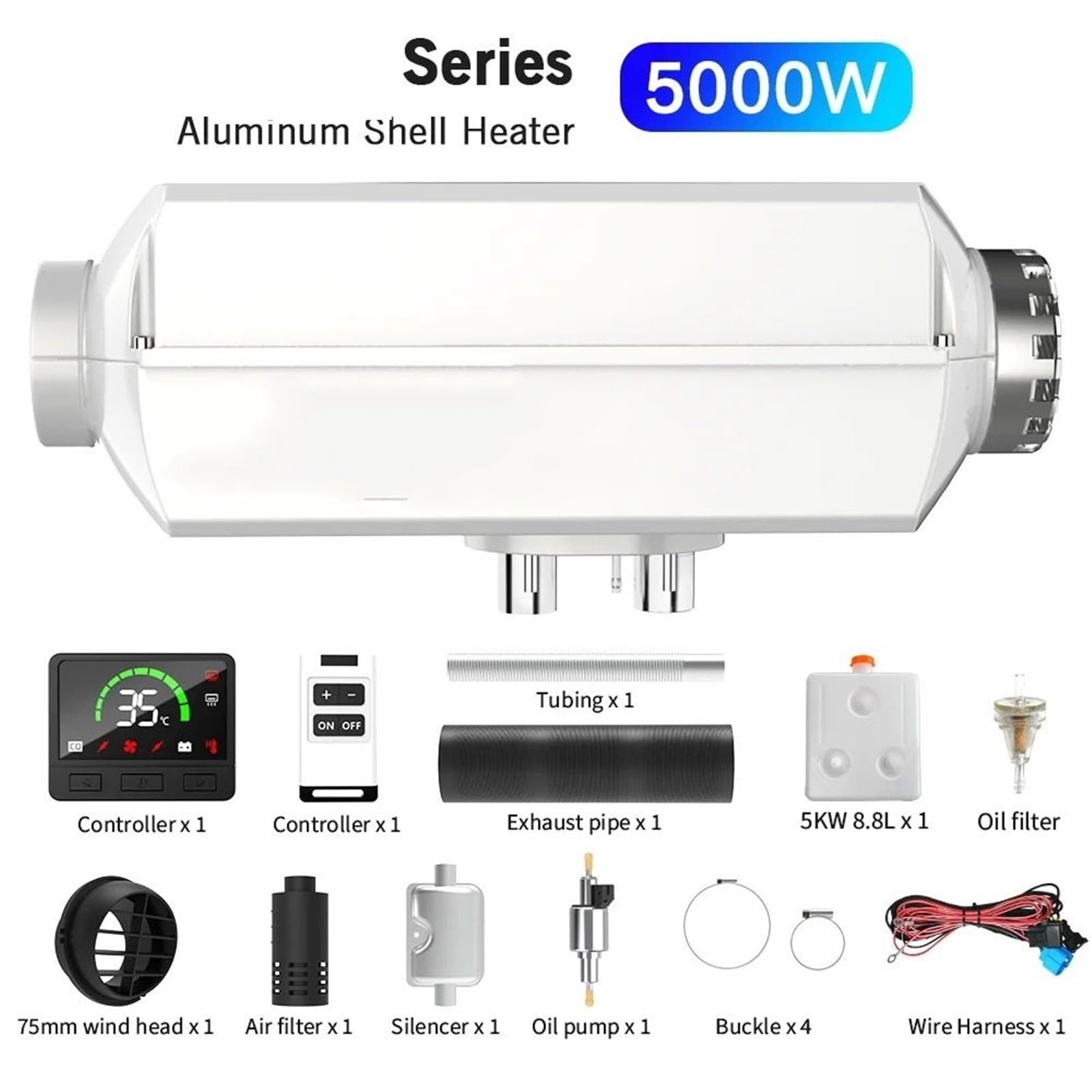nagrzewnica powietrza 12V 2KW lub 5KW aluminiowy podgrzewacz powietrza na olej napędowy, ogrzewanie postojowe do samochodów osobowych, autobusów, ciężarówek, łodzi(5KW)