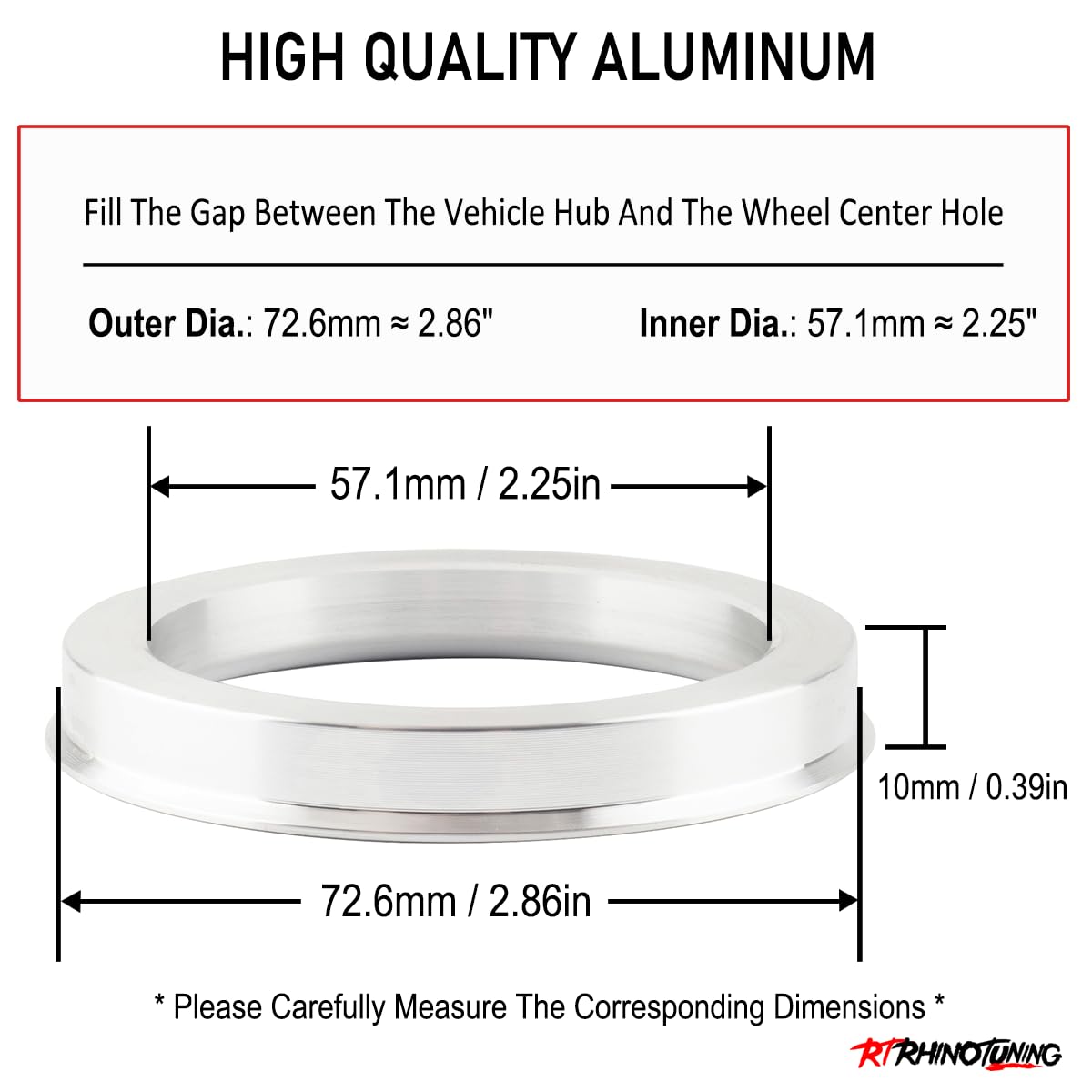 Rhinotuning 4 x pierścienie centrujące Ø 72,6 mm na Ø 57,1 mm, srebrne aluminium
