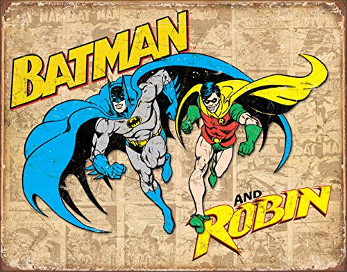 Desperate Enterprises Batman and Robin Weathered Tin Sign - Nostalgic Vintage Metal Wall Decor - Made in USA - 16" W x 12.5" H