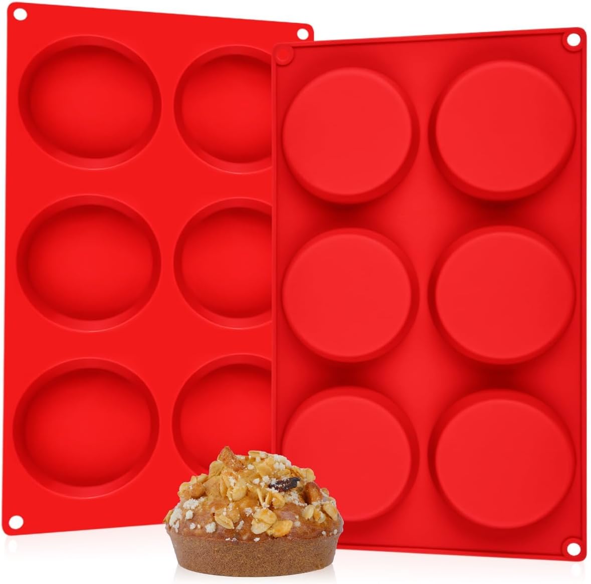 CAKETIME Muffin Top Pan, Silicone Egg Molds for Breakfast Sandwiches 3" Round Egg Baking Pan for Oven English muffins, Whoopie Pies, Corn Bread, Egg bites, Tarts 2 Pack Red