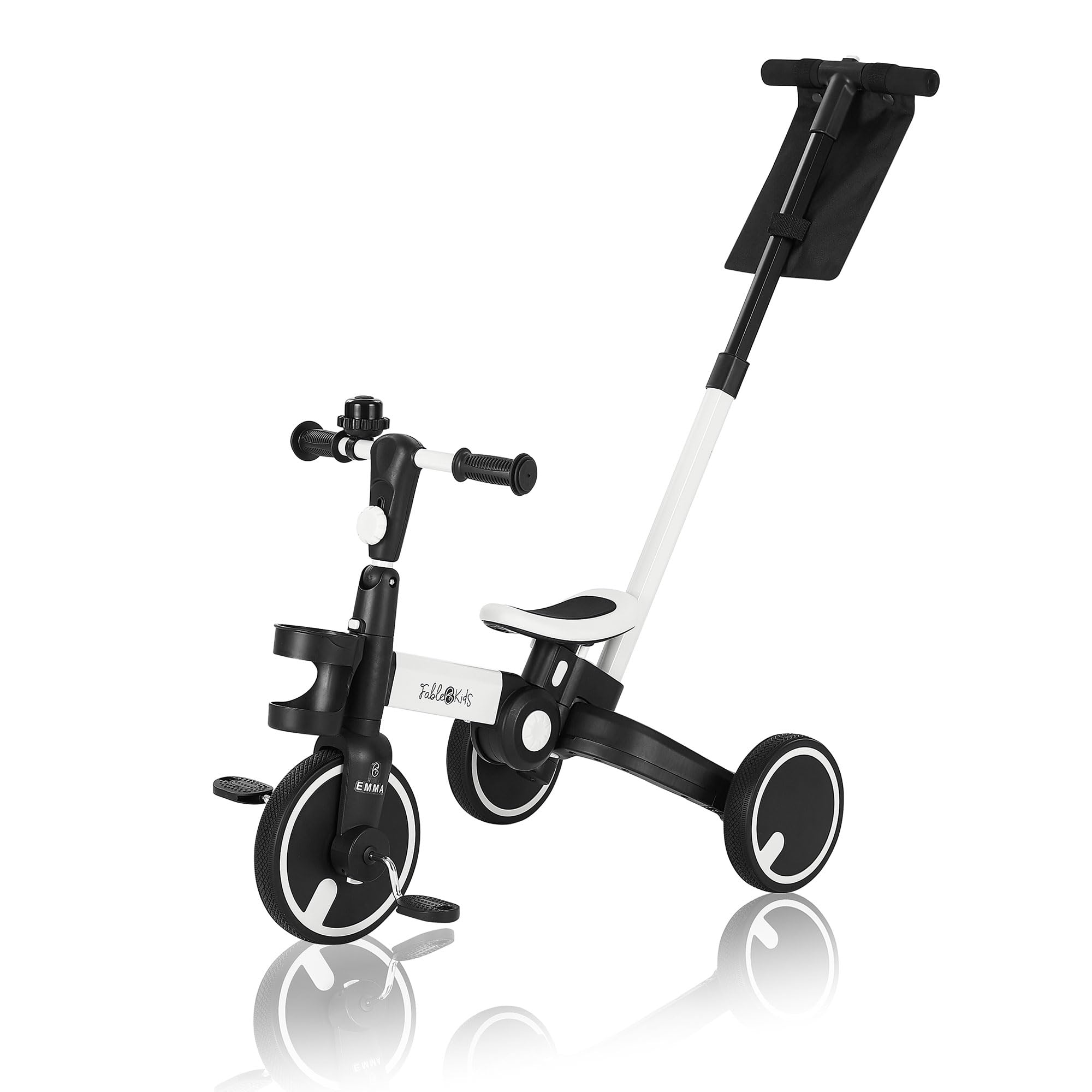 FableKids Trójkołowy 7w1 Dziecięcy Rower Trójkołowy Wyścigi Kierownica Dziecięca Rower Wózek Dziecięcy | Opieka rodzicielska | Składany | Uchwyt na kubek | od 18 miesięcy | Dzwonek do drzwi | Biały