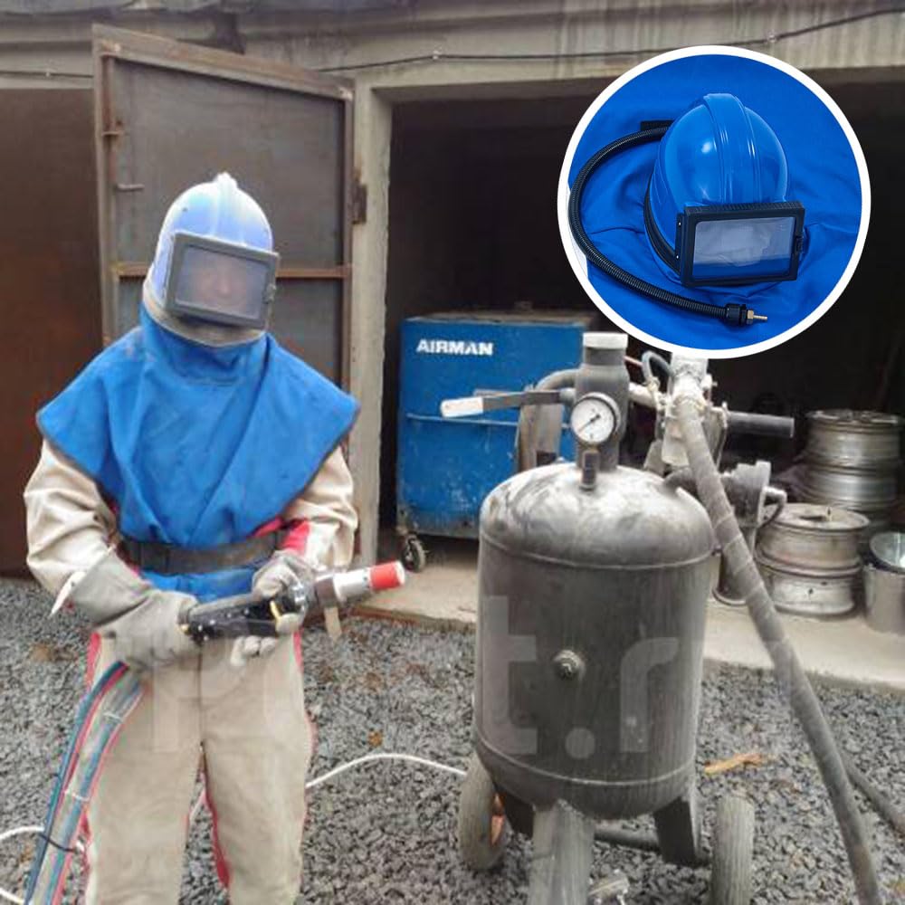 Capucha profesional azul para chorro de arena, 1 lente reemplazable, casco de chorro de arena a prueba de polvo, se adapta a trajes de protección. Ideal para chorro de arena, pulverización