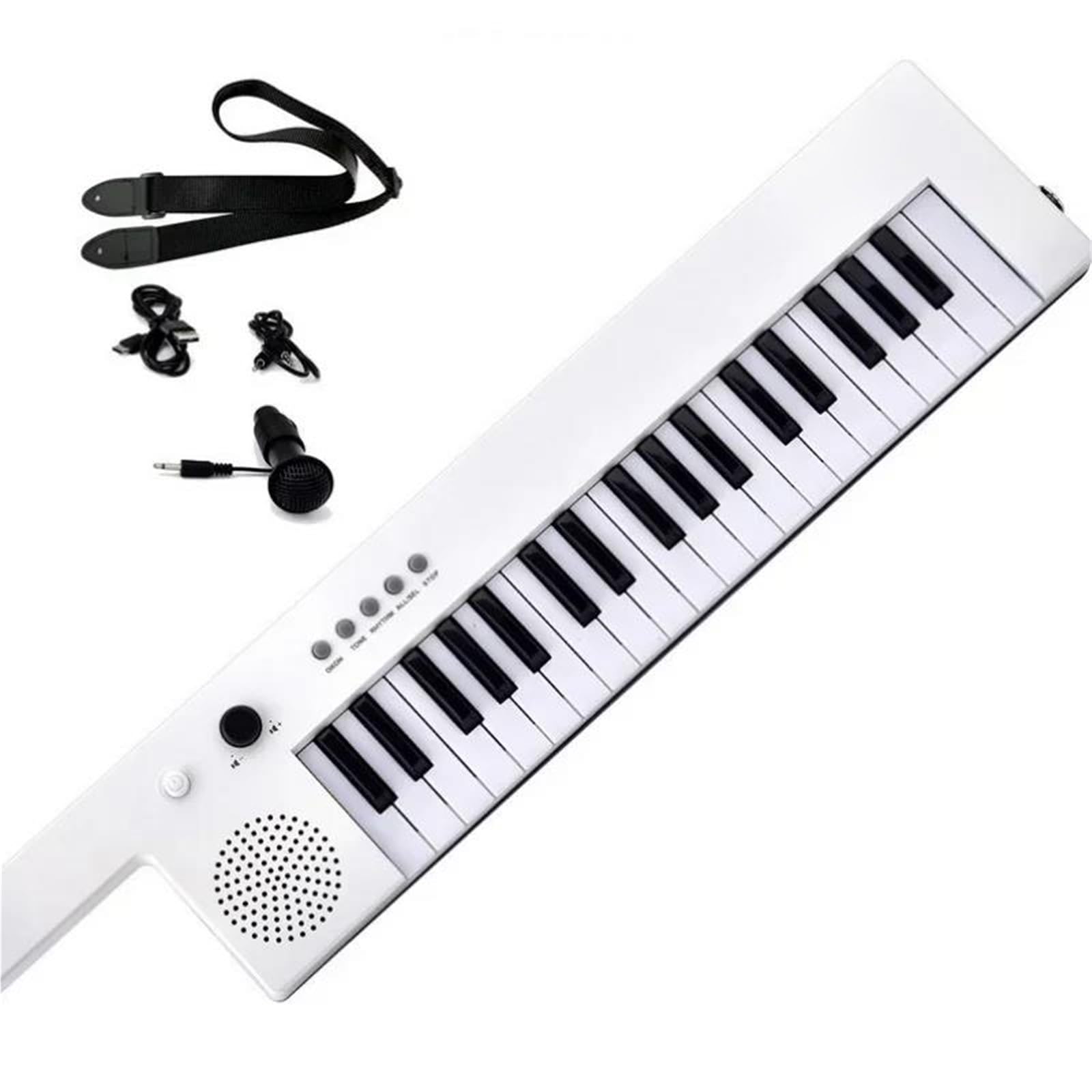Gitara Elektroniczna Z 37 Klawiszami Akumulatorowa Mini Klawiatura Z Mikrofonem I Paskiem Na Ramię(White)