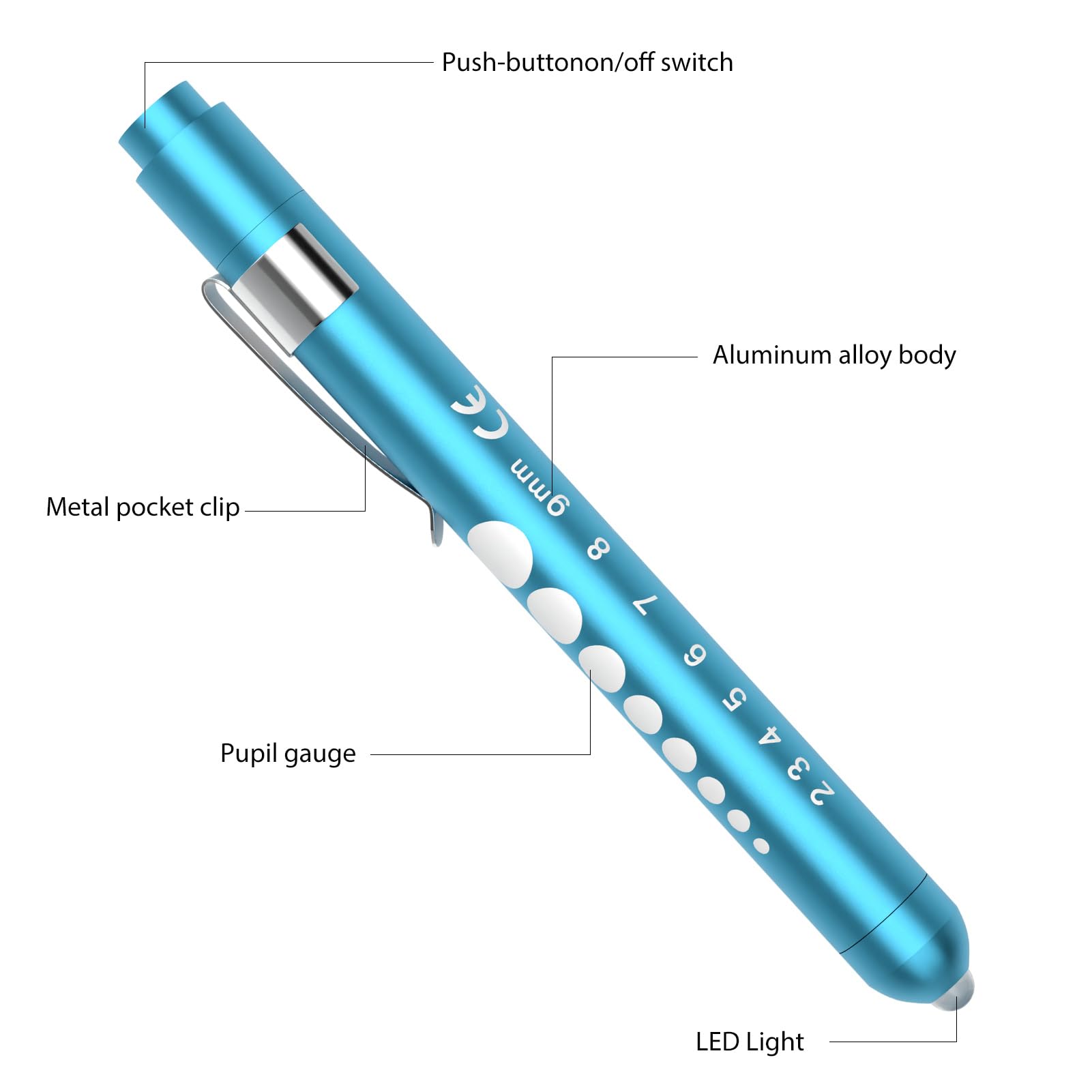 RISEMART Lampe pupille de diagnostic, infirmière, accessoire de service d'urgence avec compteur de pupilles et règle (rose rouge et bleu)