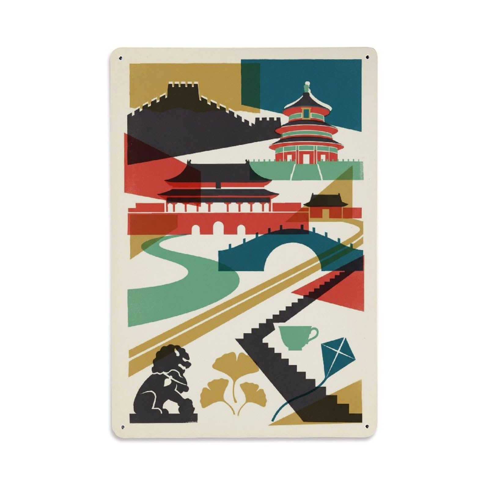 Okngb Style China Beijing Geometric Travel Bridge Route Cityscape Metal Tin Sign Plaque Wall Decor For Cafe, Man Cave, Club Bar, Office, Home Garden Round Metal Poster 8X12inch