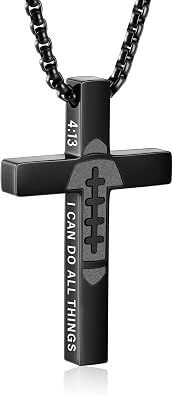 Football Cross Necklace for Boys Men, Stainless Steel Bible Verse Cross Pendant Chain Sports Gear Stuff Christian Religious Jewelry Gifts for Teen Boys Kids