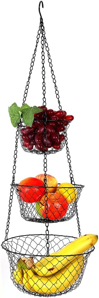Hanging Basket, Fruit Basket, 3 Tier Wire Fruit Vegetable Basket for Kitchen, Black