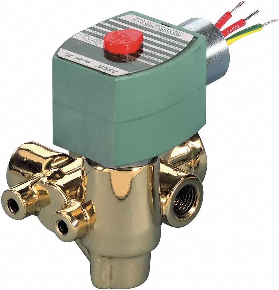 Red Hat 1/4 inch NPT 3-Way Solenoid Valve with brass body and green solenoid coil