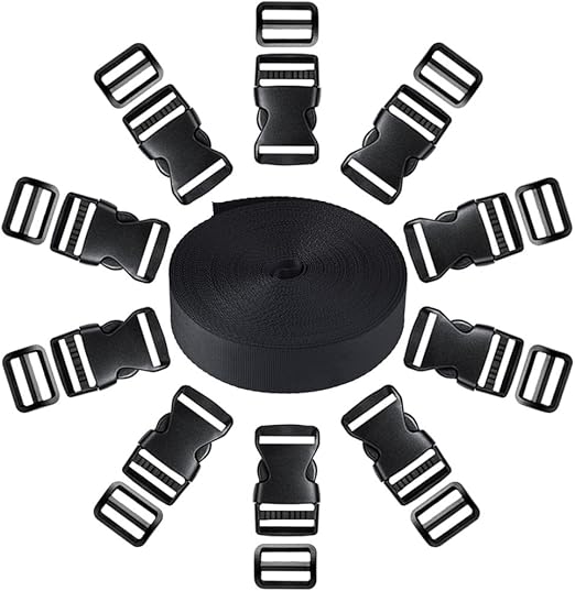 Coopay 1 Inch Plastic Buckles Kit Include 11 Yards Black Nylon Webbing Strap, 10 Pack Quick Side Release Black Buckles and 10 Pack Tri-glide Slides Replacement for Backpack Luggage Strap Pet Collar