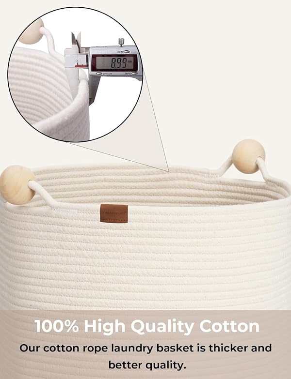 StorageWorks 58L Cotton Rope Laundry Basket with Wooden Beads Handles, Woven Basket for Storage, Dirty Clothes, Kids Toys, Towels, White & Light Brown by StorageWorks - Image 4
