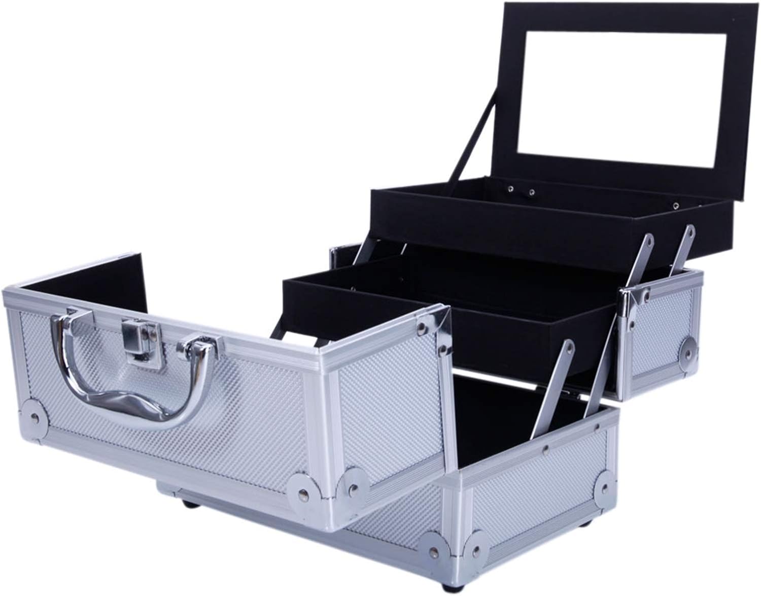 Flandre Makeup Box Cosmetic Train Case Jewelry Organizer Box, 2 Trays Portable Carrying with Mirror Travel Storage Modern Style (Silver)