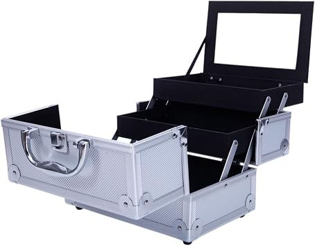 Professional Makeup Train Case, Portable Cosmetic Box,Aluminum Makeup Train Case Jewelry Box Cosmetic Storage Organizer with Mirror for Makeup Artist, Crafter, Makeup Tools (Silver)