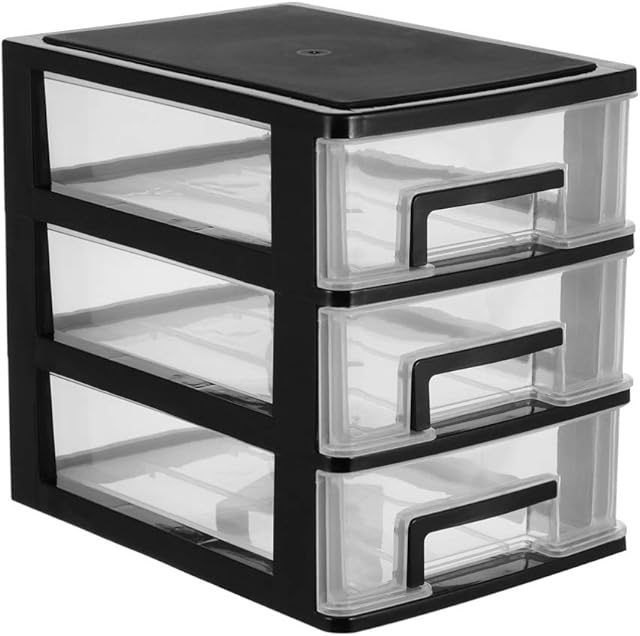 BESPORTBLE Desktop Drawer Organizer 3 Layer Chest Box Small Plastic Office Storage Box Table Debris Cosmetic Holder (Black and Transparent)