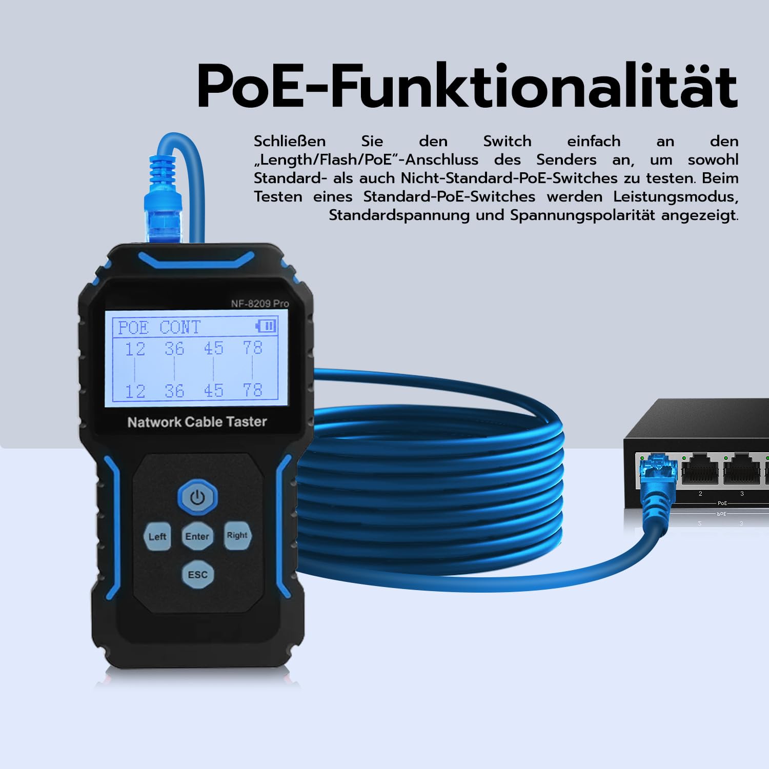 Mcbazel Netzwerk Kabeltester mit POE/NCV, Kabellängenmessung, Port-Blitz, Kabel Tracker