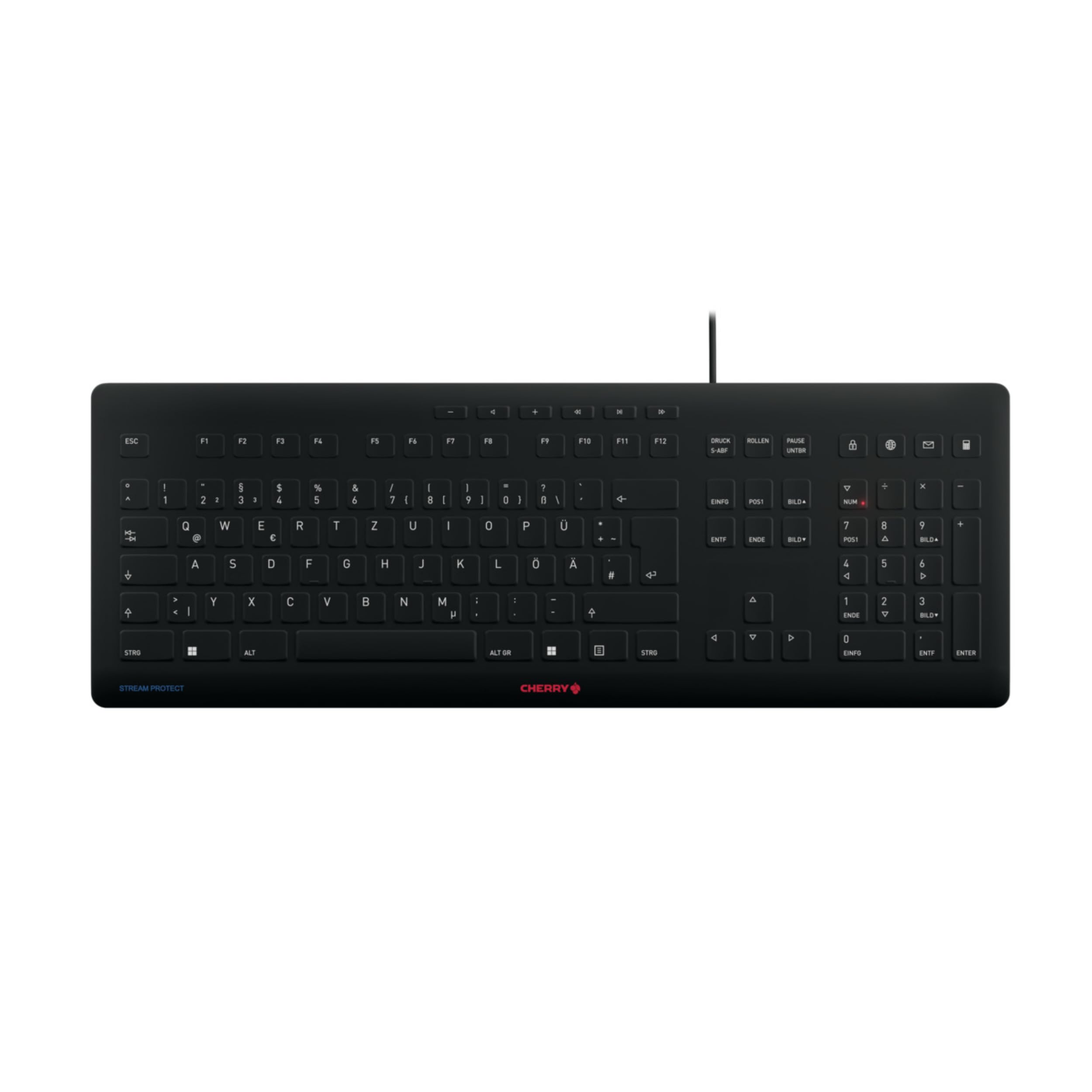 CHERRY STREAM PROTECT KEYBOARD, Kabelgebundene Tastatur mit Abnehmbarem Silikon-Tastaturschutz, Deutsches Layout (QWERTZ), Flach, Desinfizierbar, Schwarz