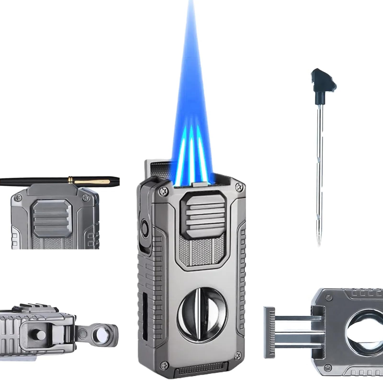 NINSI 5-in-1 Butane Torch Lighter, Windproof Triple Blue Flames, Adjustable and Refillable Lighters, Gifts for Men (Fuel Not Included) (Grey)