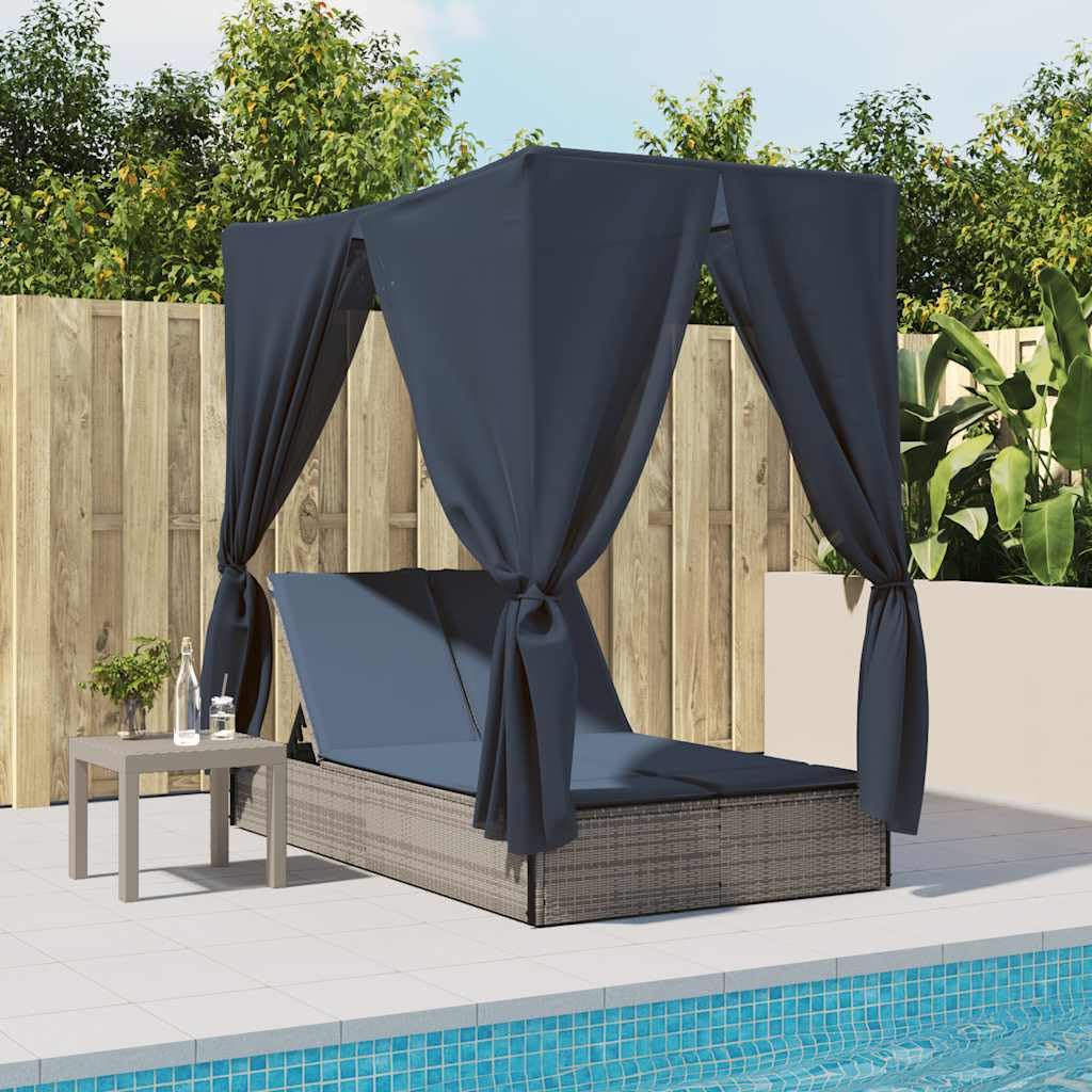 Chaise longue de jardin double avec toit et rideaux en polyrotin gris, dossier réglable, résistant aux intempéries, avec rembourrage et coussin, idéal pour terrasse, balcon, piscine, chaise