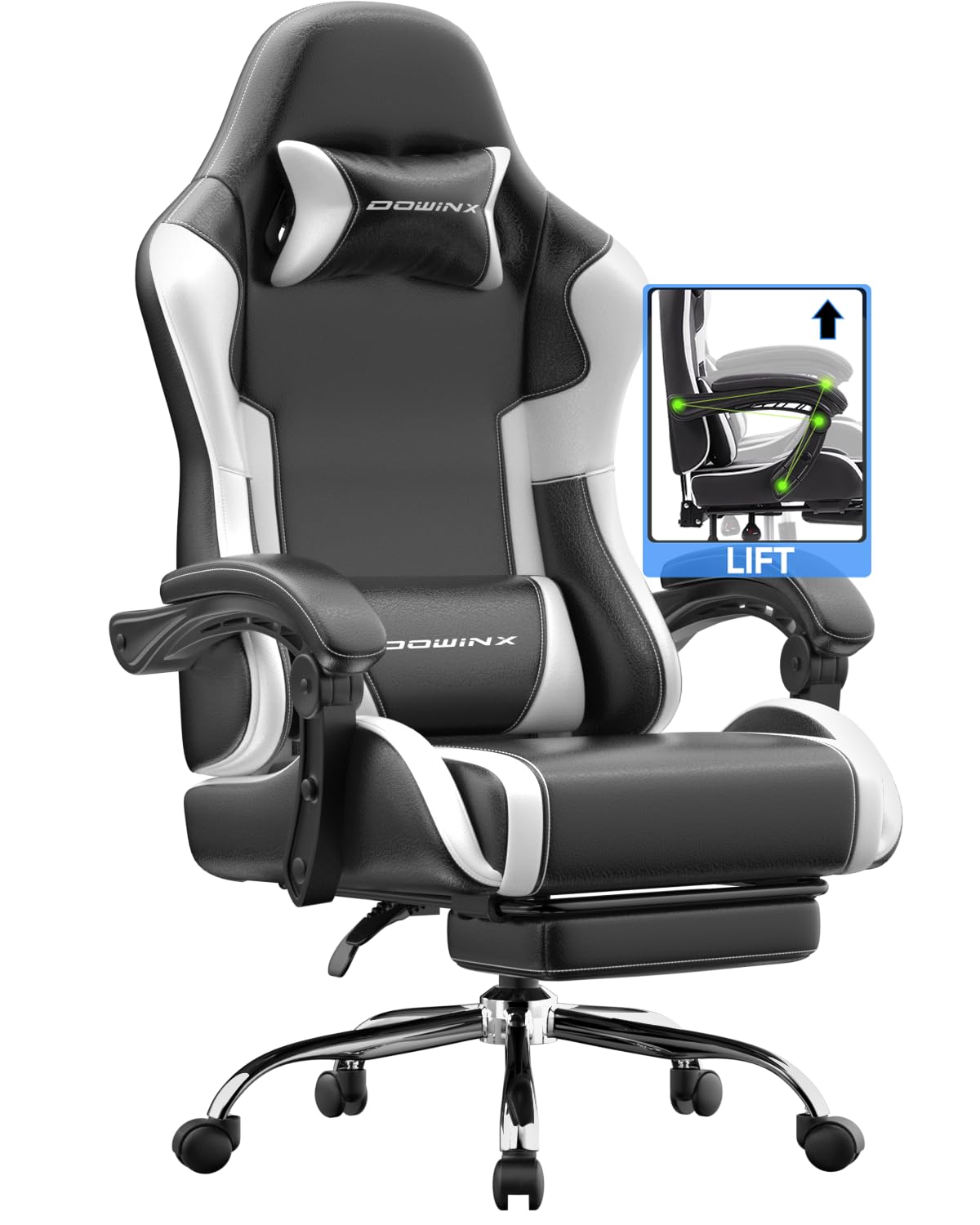 Dowinx sedia da gaming ergonomica con massaggio e poggiapiedi, poltrona gaming reclinabile 150°, braccioli regolabili, sedia ufficio imbottita, portata 180 kg, Bianco